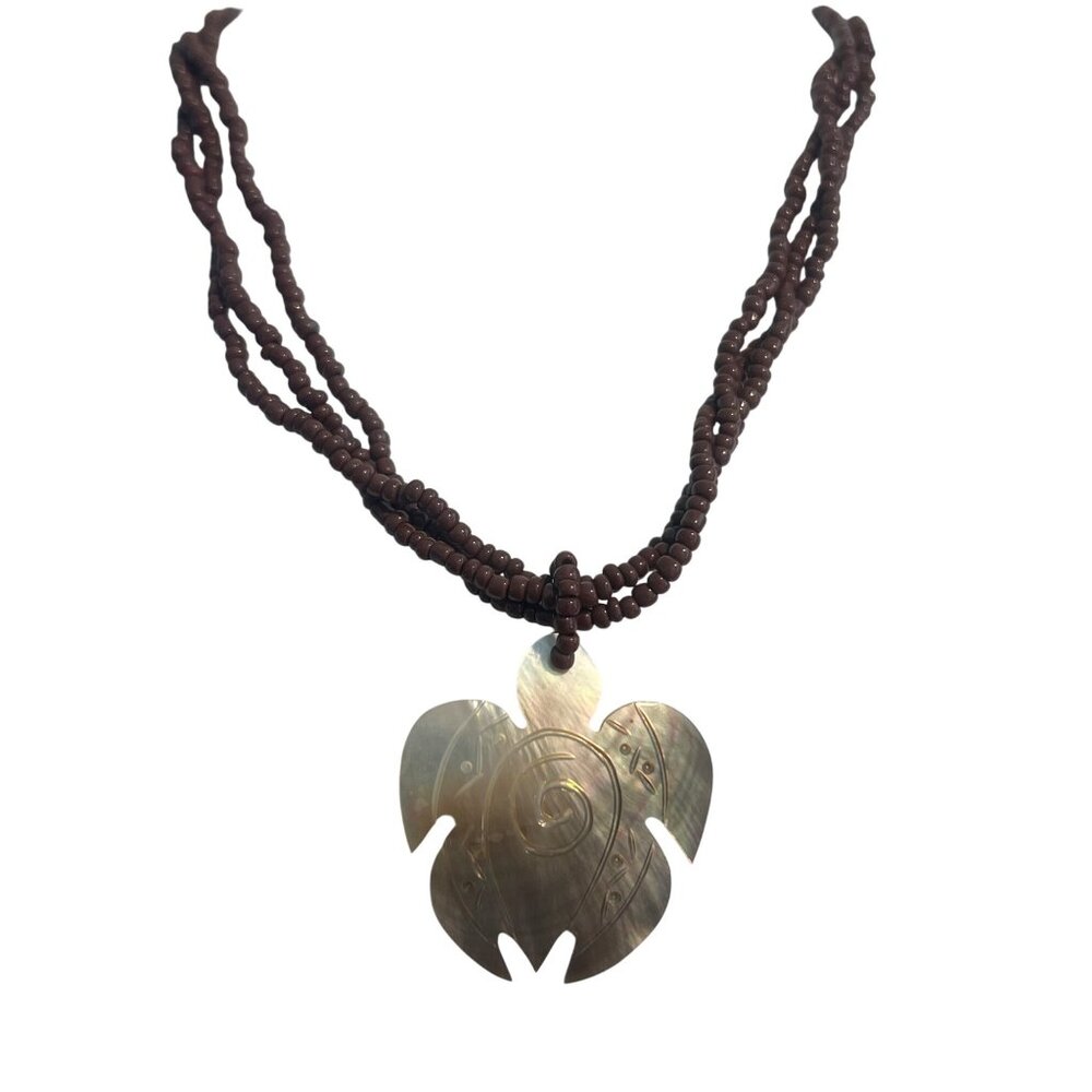Multi Strand Brown Seed Bead Necklace Mother of Pearl Etched Turtle Pendant 16"